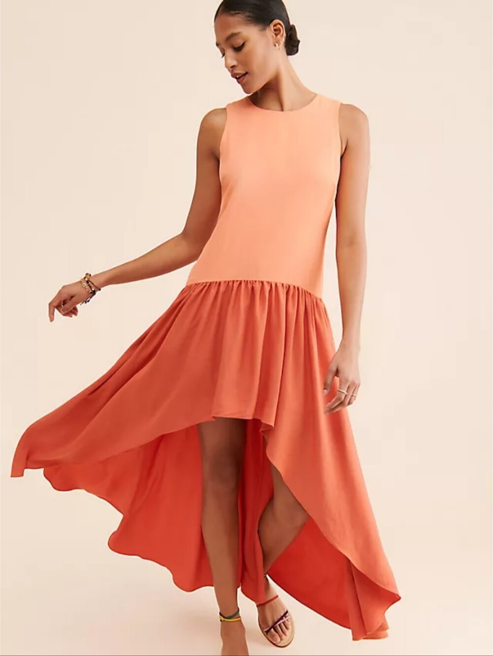 Hutch Liz Colorblock Sleeveless Two-Tone Coral High-Low Dress